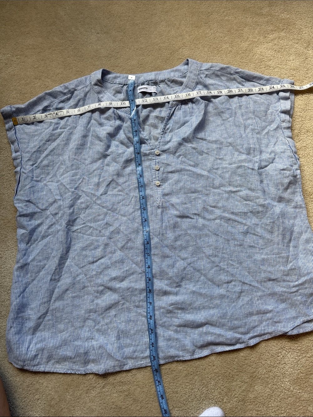 Light Blue Striped Women's Short-Sleeve Linen Shirt - Picture 3 of 6